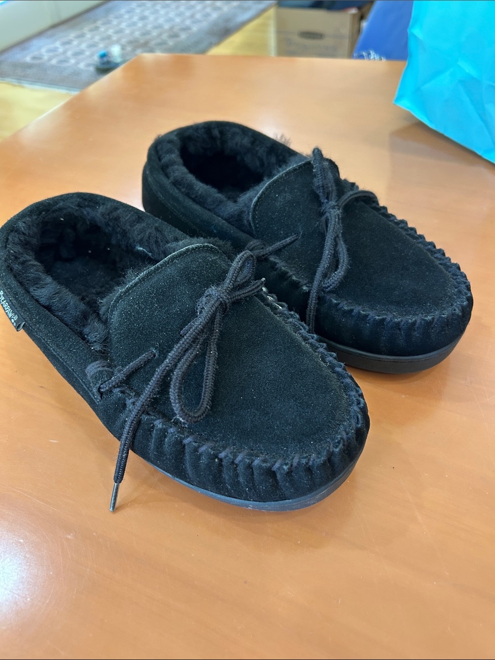 BearPaw Kids Black Faux-Suede Moccasins with Bow Trim